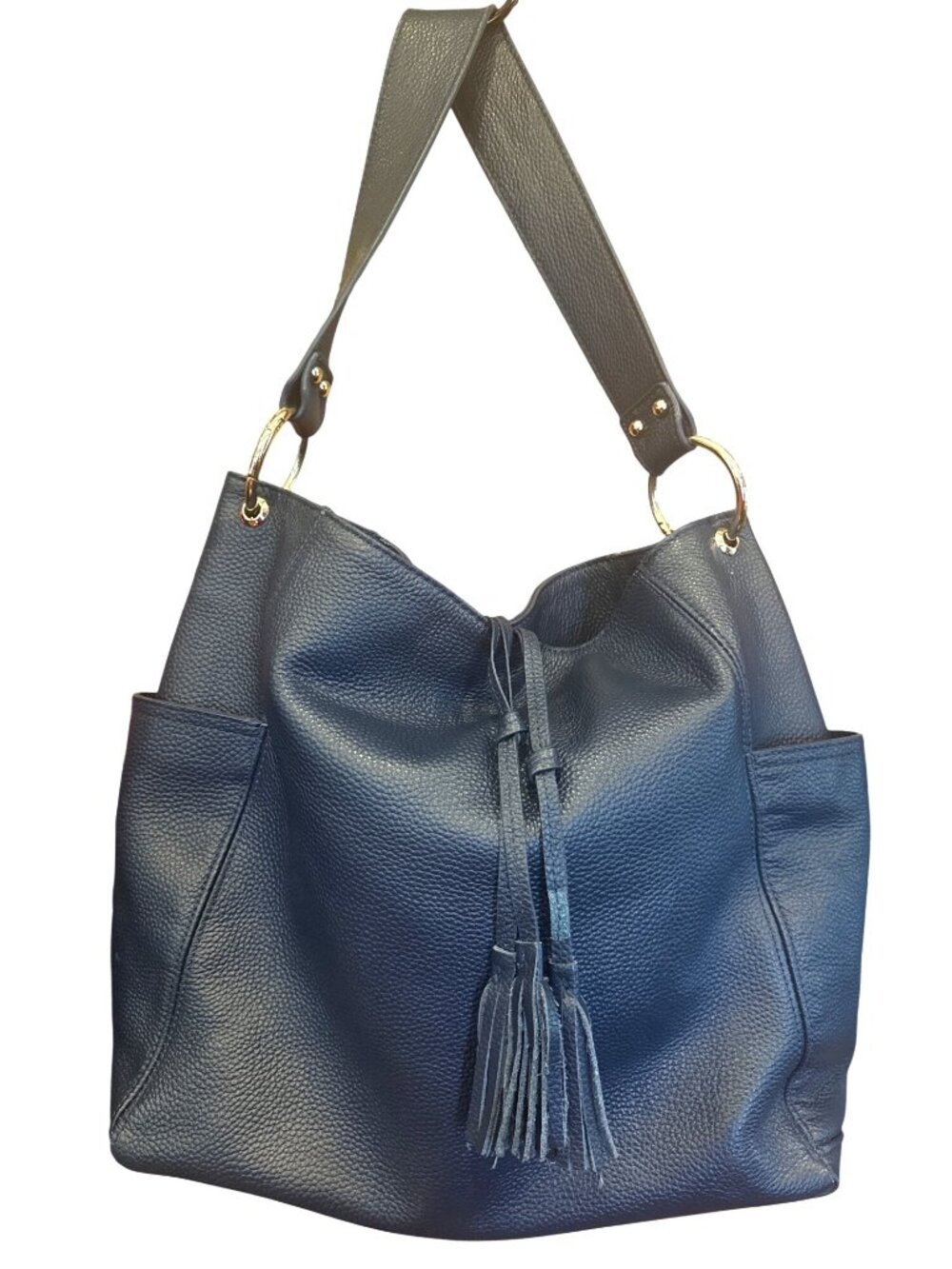 LAGGO Navy Pebbled Leather Hobo Shoulder Bag Gold Tone Hardware Tassel Tote - Picture 1 of 12